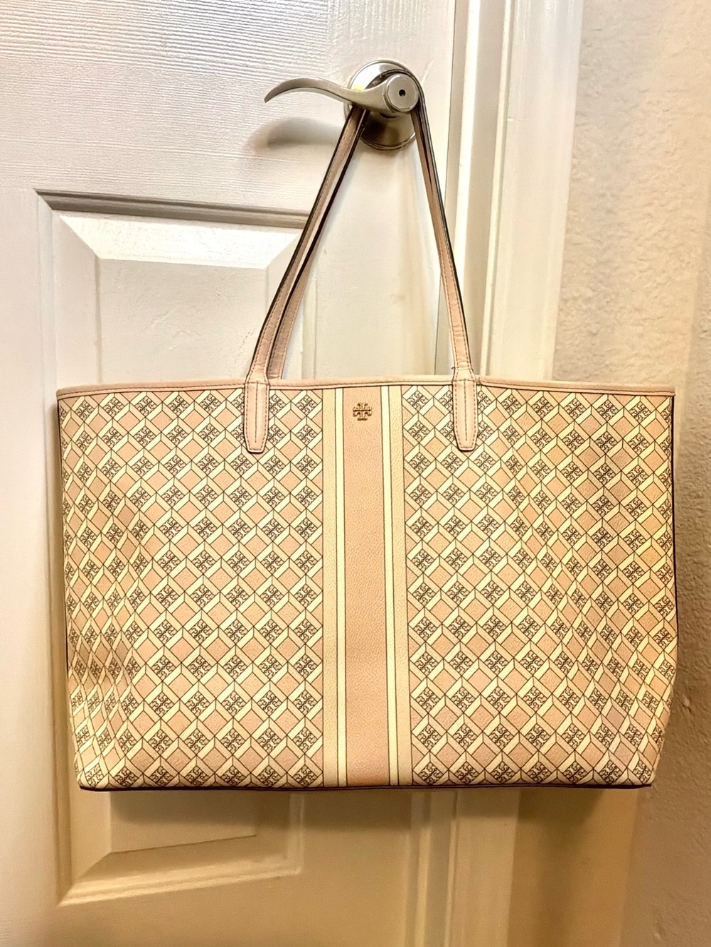 Tory Burch Designer-Style Beige Patterned Tote Bag with Pink Accents